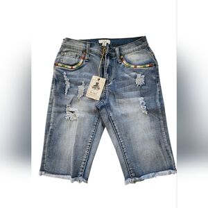 Easel Distressed Denim Bermudas with Rainbow Trim
